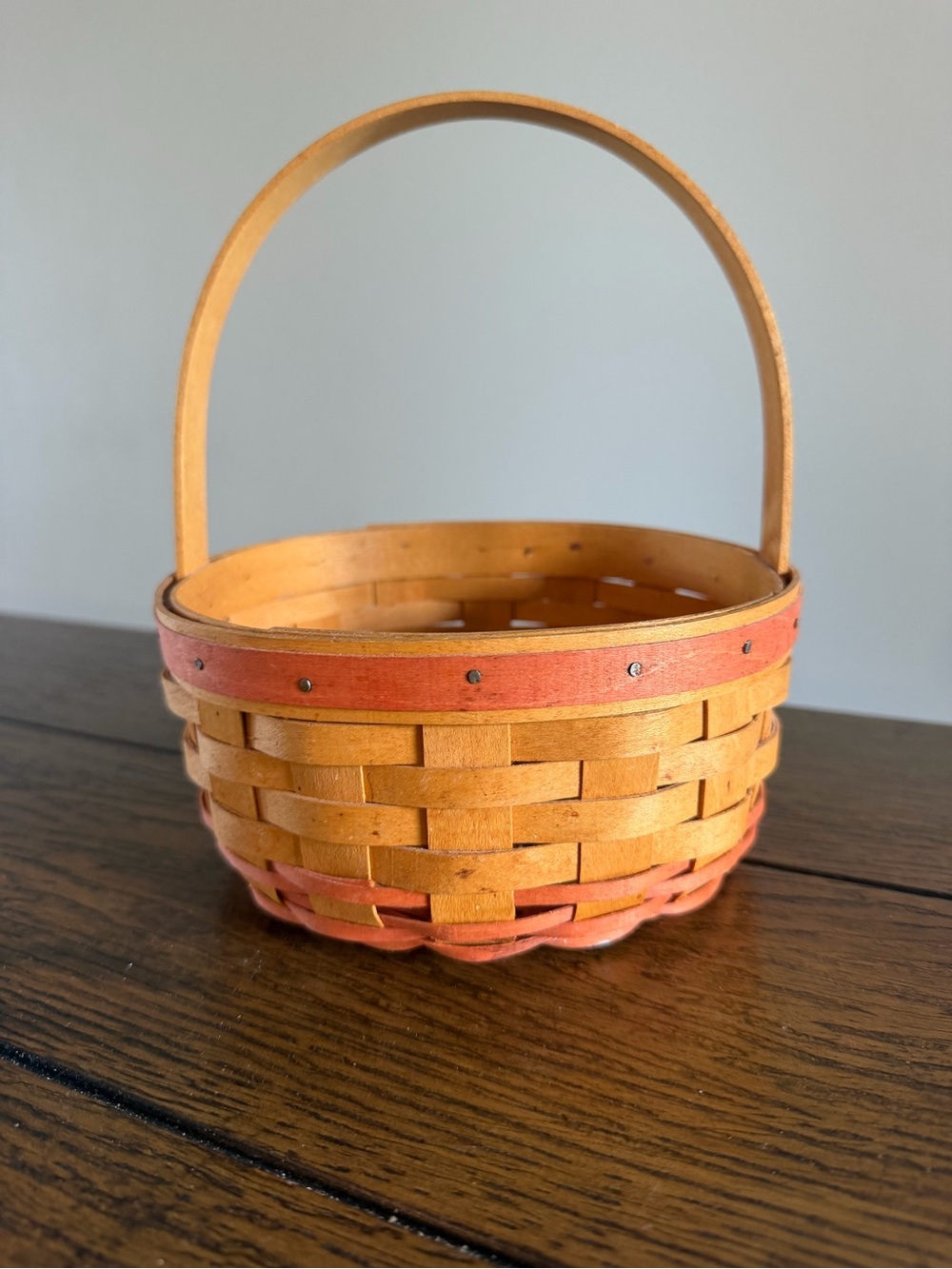 Longaberger Woven Basket With Red Trim And Bottom With Handle Marked Signed